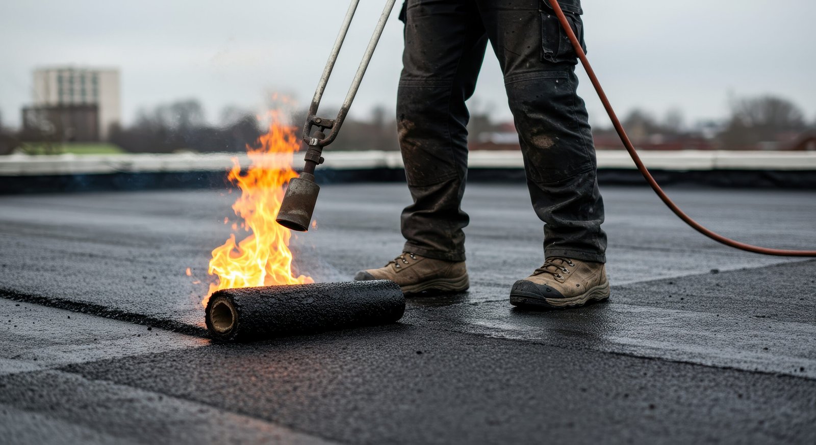 durham-roof-leak-repair Roofing contractor in Durham repairing a leaking flat roof with a torch and bitumen.