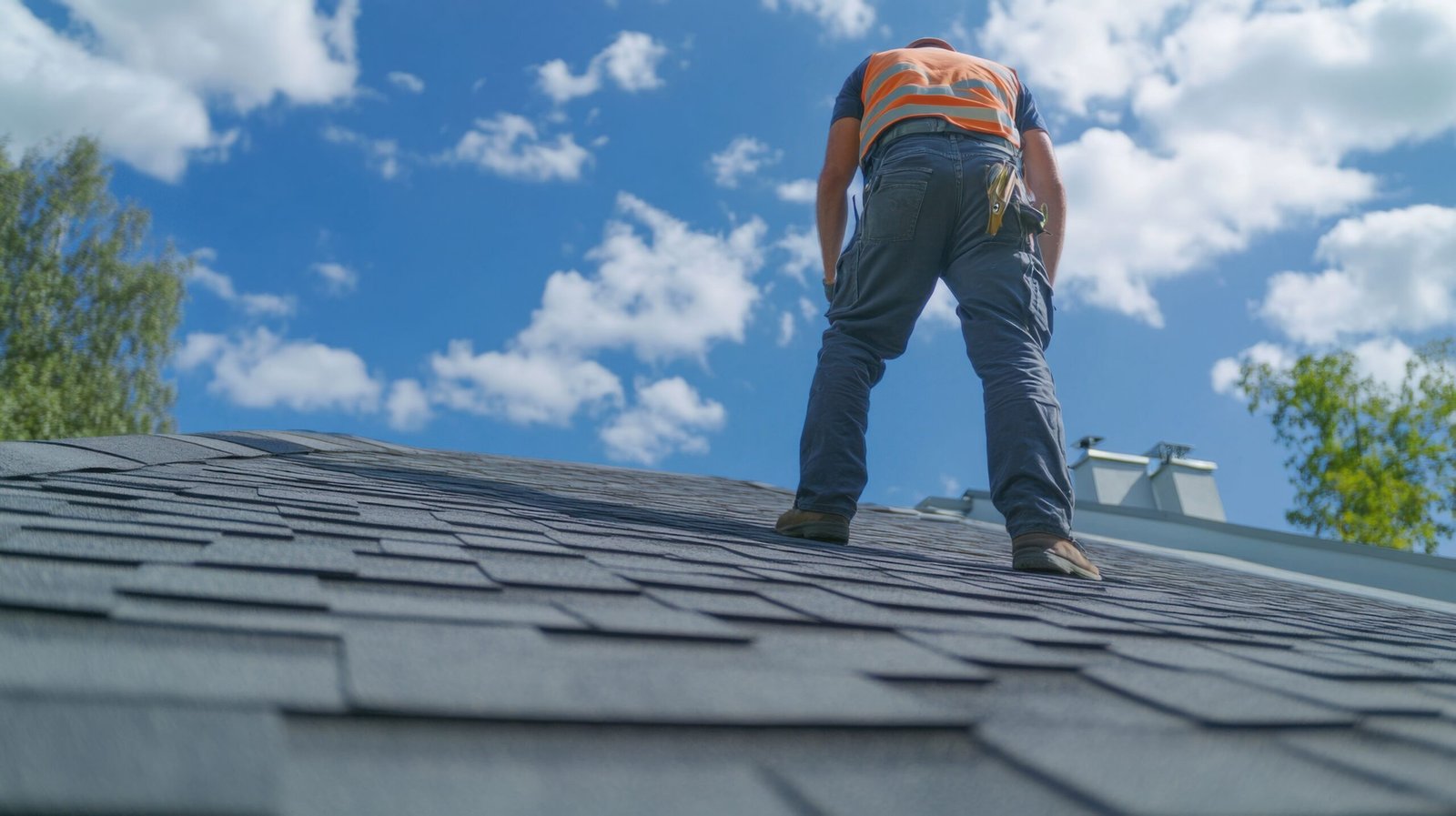 durham-roof-leak-repair Roofing contractor in Durham inspecting house rooftop for leaks.