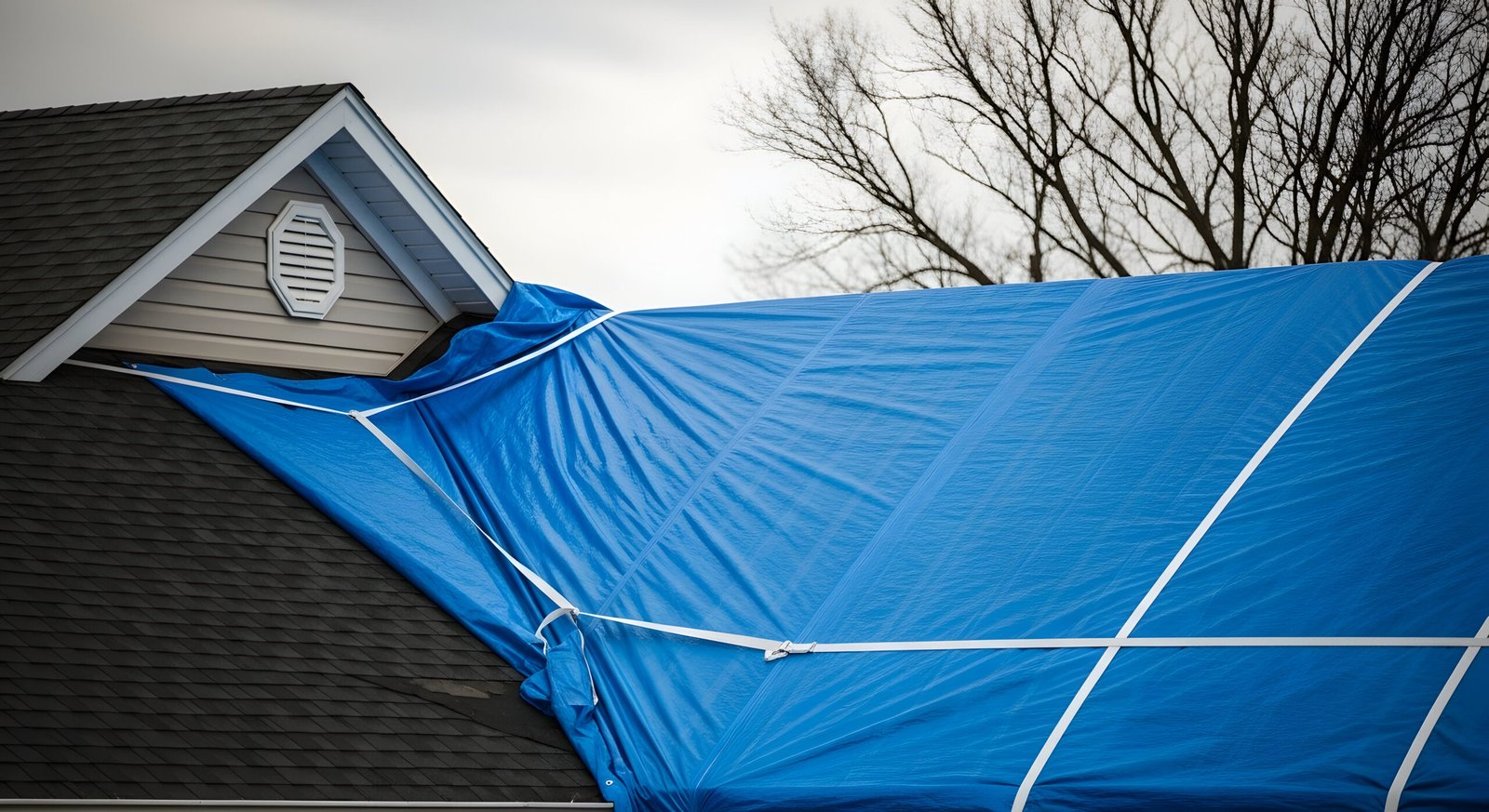 durham-roof- leak-repair Roofing contractor in Durham using blue tarp to protect damaged residential Roof during emergency repair.